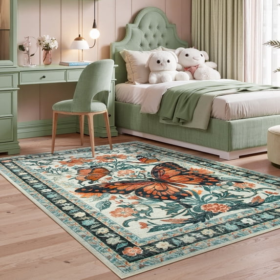 Wonnitar 5x7 Butterfly Washable Rug, Ultra Thin Beige Boho Living Room Area Rug, Soft Low Pile Rugs for Bedroom, Non Slip Floral Carpet for Nursery Playroom