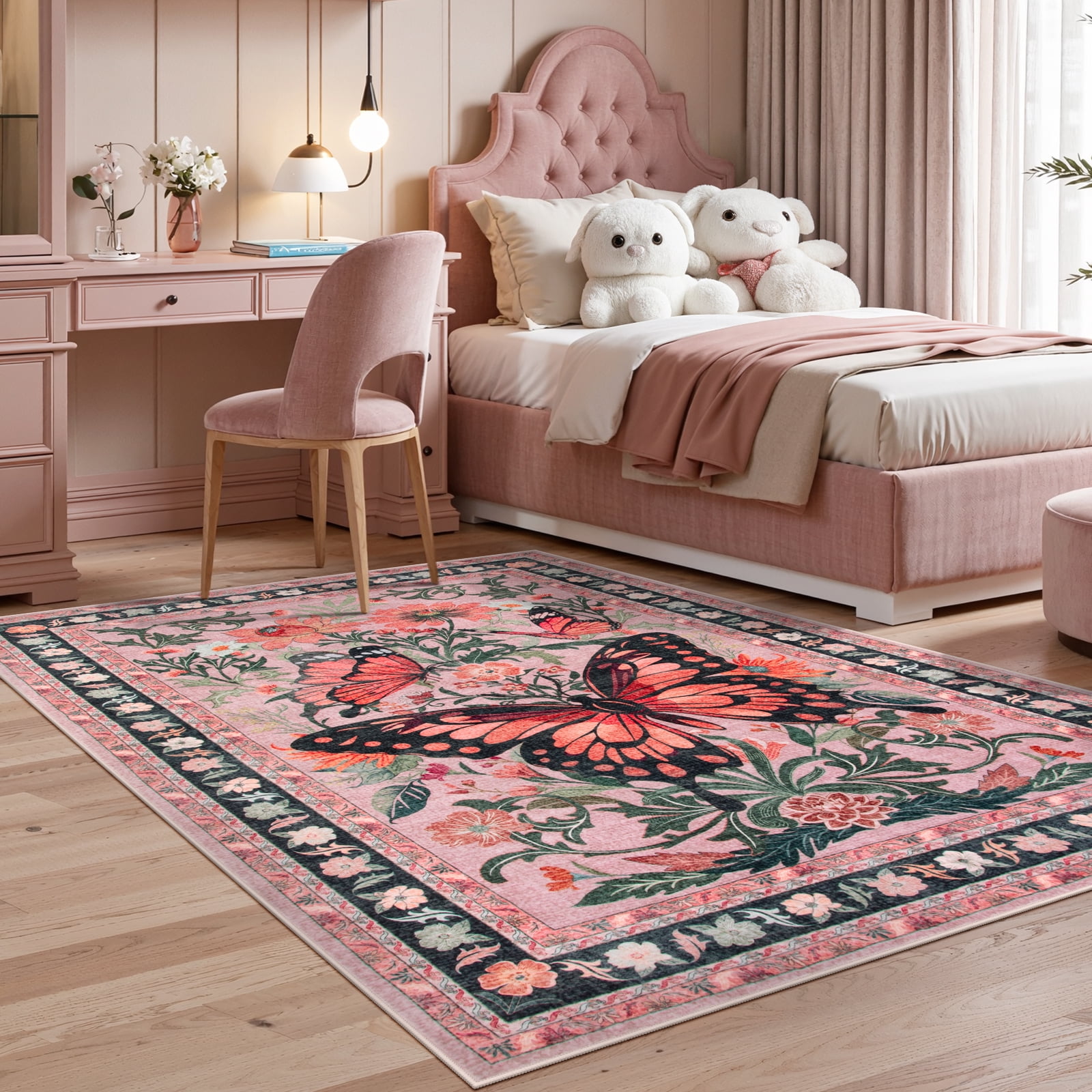 Wonnitar 5x7 Butterfly Washable Rug, Ultra Thin Pink Boho Rugs for