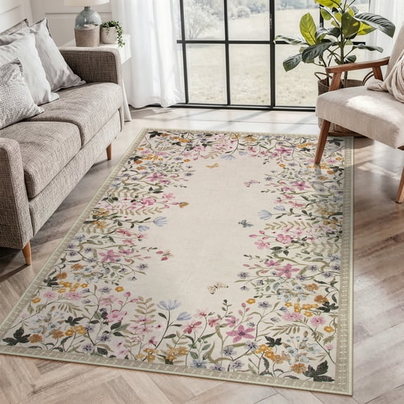 Wonnitar 5x7 Floral Washable Rug, Beige Rugs for Bedroom, Soft Low Pile Living Room Area Rug, Non-Slip Throw Carpet for Nursery Playroom