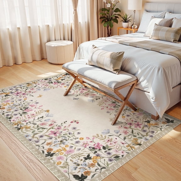 Wonnitar 5x7 Floral Washable Rug, Beige Rugs for Bedroom, Soft Low Pile Living Room Area Rug, Non-Slip Throw Carpet for Nursery Playroom