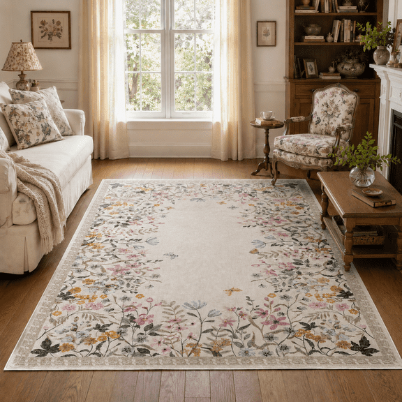Wonnitar 5'x7' Floral Area Rugs for Living Room, Washable Rugs for Bedroom Vintage Cottagecore Accent Carpet for Dining Room Sunroom Home Office, Soft Non Slip Beige