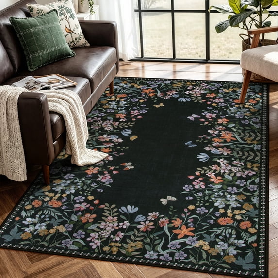 Wonnitar 5x7 Floral Washable Rug, Black Rugs for Bedroom, Soft Low Pile Living Room Area Rug, Non-Slip Throw Carpet for Dorm Office