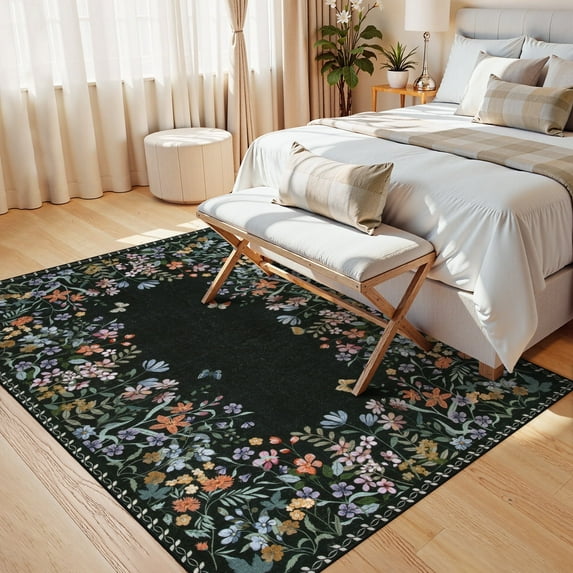 Wonnitar 5x7 Floral Washable Rug, Black Rugs for Bedroom, Soft Low Pile Living Room Area Rug, Non-Slip Throw Carpet for Dorm Office