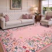 Wonnitar 5x7 Floral Area Rugs for Living Room, Washable Rugs for Bedroom Stain Resistant Pink Vintage Throw Rugs for Dressing Room Home Office Room Sunroom Vanity Area, Soft Non Slip