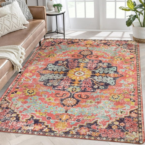 Wonnitar 6'x9' Area Rugs Machine Washable Area Rugs for Living Room,Non Slip Bedroom Rug,Dining Room Rugs for Under Table,Large Bohemian Vintage Non Skid Indoor Carpet for Home Office
