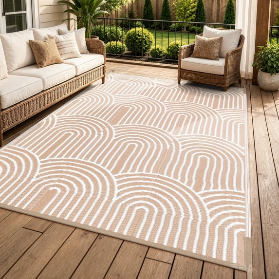 Wonnitar 6'x9' Outdoor Patio Rug, Waterproof Reversible Outdoor Rug for RV Camping Plastic Straw Mat for Porch Decor, Lightweight Outside Carpet for Picnic Balcony Backyard, Khaki-Rainbow