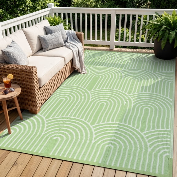 Wonnitar Outdoor Rug Waterproof 6'x9' Lightweight Plastic Straw Rug, Scandinavian Reversible Outside Carpet for RV Patio Deck Porch Balcony Picnic Camping Beach, Green-Rainbow