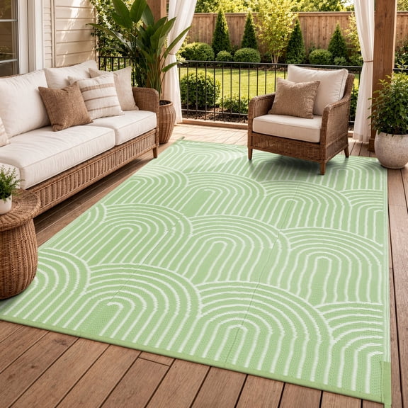Wonnitar Outdoor Rug Waterproof 6'x9' Lightweight Plastic Straw Rug, Scandinavian Reversible Outside Carpet for RV Patio Deck Porch Balcony Picnic Camping Beach, Green-Rainbow