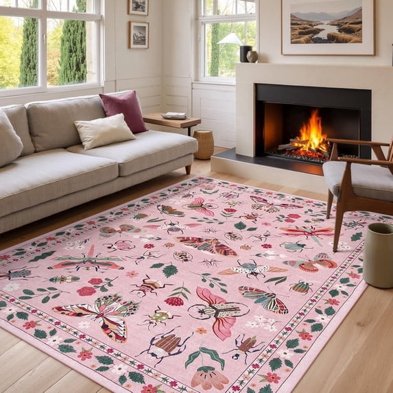 Wonnitar 6'x9' Insect & Botanical Washable Rug - Soft Nature-Inspired Carpet for Living Room, Ultra-Thin Non-Slip Pink Rug for Bedroom, Dining Room, Nursery