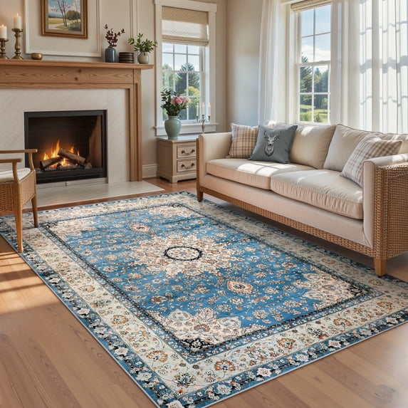 Wonnitar 6'x9' Oriental Floral Medallion Area Rug - 6x9 Blue Bedroom Rug Living Room Mat, Distressed Soft Non Slip Washable Indoor Nursery Throw Carpet for Apartment Dining Kitchen Table Entrance