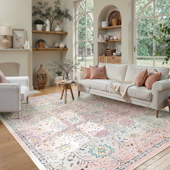 Wonnitar 6'x9' Pink Boho Area Rug,Washable Rugs for Bedroom Girls Large Living Room Area Rugs Soft Floral Playroom Rug, Washable Rugs Non Slip Pastel Rug for Bedroom Living Room Pink Carpet