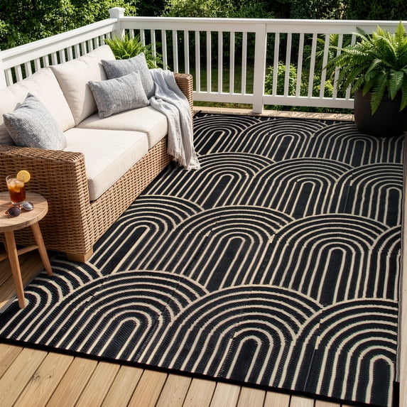 Wonnitar Outdoor Rugs Waterproof 6'x9' Reversible Plastic Straw Rug, Modern Rainbow Outside Carpet for RV Patio Deck Porch Balcony Picnic Camping Beach, Black&Brown-Rainbow