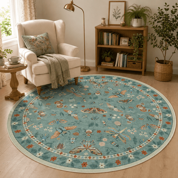 Wonnitar 6ft Insect Washable Round Rugs, Non-Slip Soft Rug for Bedroom, Large Green Modern Circle Carpet for Living Room Nursery Playroom