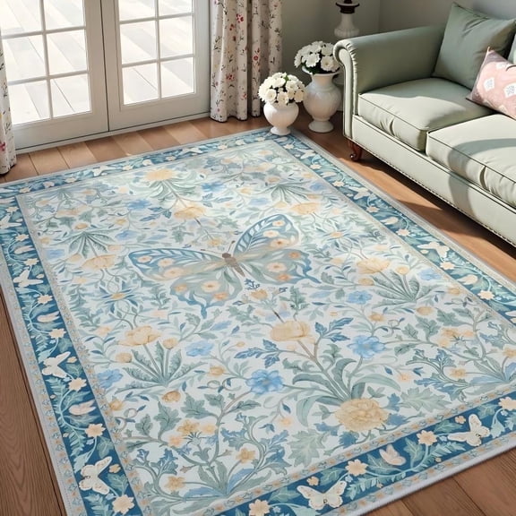 Wonnitar 6x9 Butterfly Washable Living Room Rug, Ultra Thin Soft Blue Boho Rugs for Bedroom, Non Slip Floral Carpet for Nursery Office Dorm