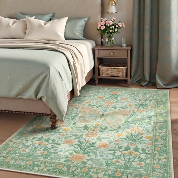 Wonnitar 6x9 Butterfly Washable Living Room Rug, Ultra Thin Soft Green Boho Rugs for Bedroom, Non Slip Floral Carpet for Nursery Office Dorm