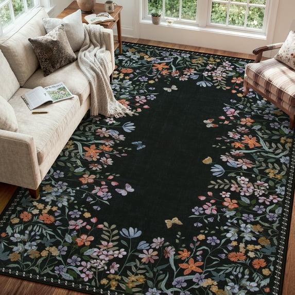 Wonnitar 6x9 Floral Washable Rug, Black Rugs for Bedroom, Soft Low Pile Living Room Area Rug, Non-Slip Throw Carpet for Dining Room Office