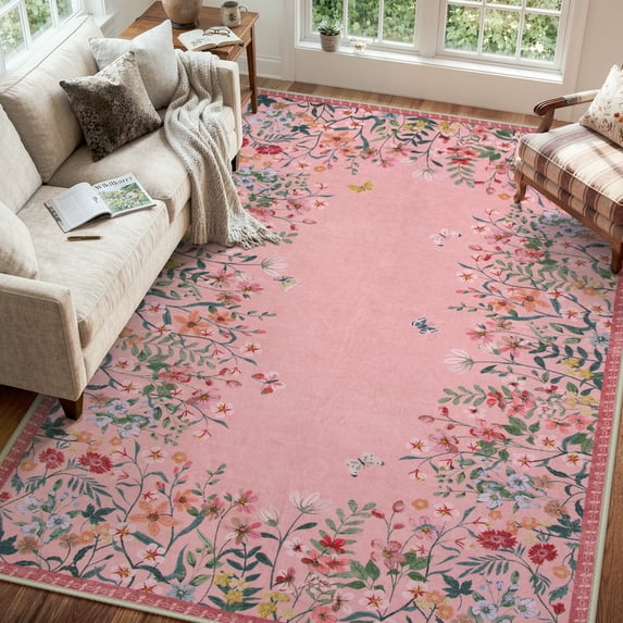 Wonnitar 6x9 Floral Washable Rug, Pink Rugs for Girls Bedroom, Soft Low Pile Living Room Area Rug, Non-Slip Throw Carpet for Nursery Playroom