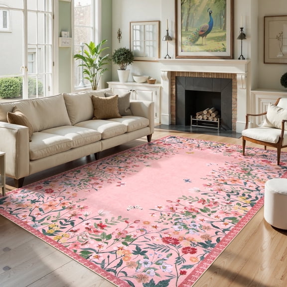 Wonnitar 6'x9' Floral Area Rugs for Living Room, Washable Rugs for Bedroom Stain Resistant Pink Vintage Throw Rugs for Dressing Room Home Office Room Sunroom Vanity Area, Soft Non Slip