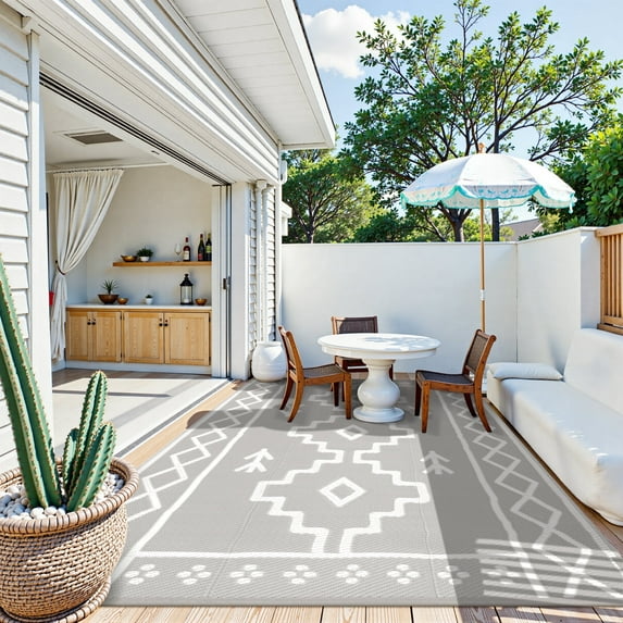 Wonnitar 6x9 Outdoor Rug Waterproof, Plastic Straw Rugs for Outside, Large Portable RV Outdoor Carpet, Grey Boho Rug for Picnic Garden Patio