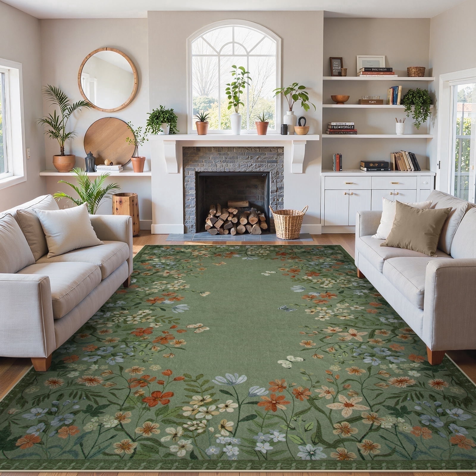 Wonnitar 6'x9' Floral Area Rugs for Living Room, Washable Rugs for Bedroom Vintage Cottagecore Accent Carpet for Dining Room Sunroom Home Office, Soft Non Slip Green