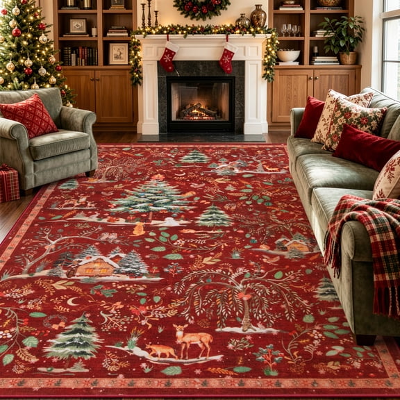 Wonnitar 8'x10' Christmas Rug, Non Slip Christmas Large Area Rugs for Living Room, Washable Xmas Tree Red Bedroom Rug, Winter Holiday Indoor Carpet for Dining Room Office, Holiday Decor