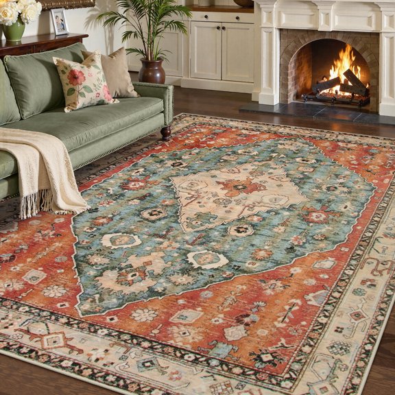 Wonnitar 8'x10' Area Rug for Living Room Boho Tribal Area Rug for Bed Room Machine Washable Mat Large Indoor No Slip Vintage Carpet for Dining Family Room Foyer Apartment Den,Rust