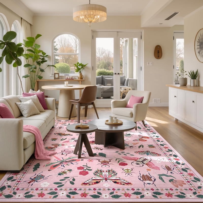 Wonnitar 8'x10' Area Rug for Living Room Insect & Botanical Washable Rug - Soft Nature-Inspired Carpet for Living Room, Non-Slip Ultra-Thin Large Rug for Bedroom, Dining Room, Nursery