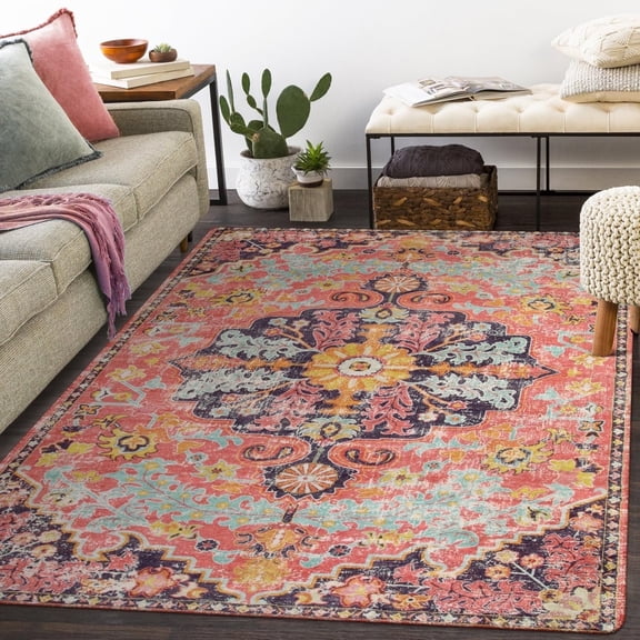 Wonnitar 8'x10' Area Rugs for Living Room, Washable Rugs for Bedroom Aesthetic Large Dining Room Rugs, Bohemian Printed Low Pile Nursery Carpet for Playroom Home Office, Fuchsia