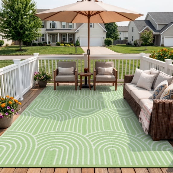 Wonnitar Large Outdoor Rug Waterproof 8'x10' Lightweight Plastic Straw Rug, Scandinavian Reversible Outside Carpet for RV Patio Deck Porch Balcony Picnic Camping Beach, Green-Rainbow