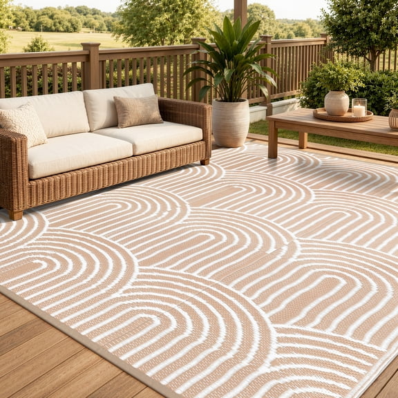 Wonnitar 8'x10' Large Outdoor Patio Rug, Waterproof Reversible Outdoor Rug for RV Camping Plastic Straw Mat for Porch Decor, Lightweight Outside Carpet for Picnic Balcony Backyard, Khaki-Rainbow