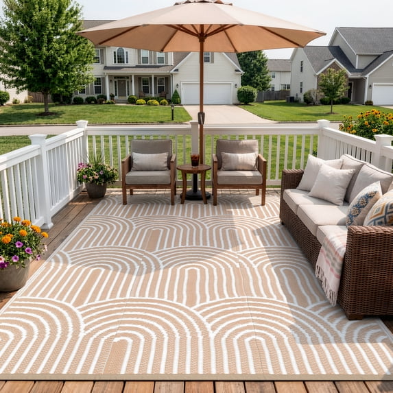 Wonnitar 8'x10' Large Outdoor Patio Rug, Waterproof Reversible Outdoor Rug for RV Camping Plastic Straw Mat for Porch Decor, Lightweight Outside Carpet for Picnic Balcony Backyard, Khaki-Rainbow