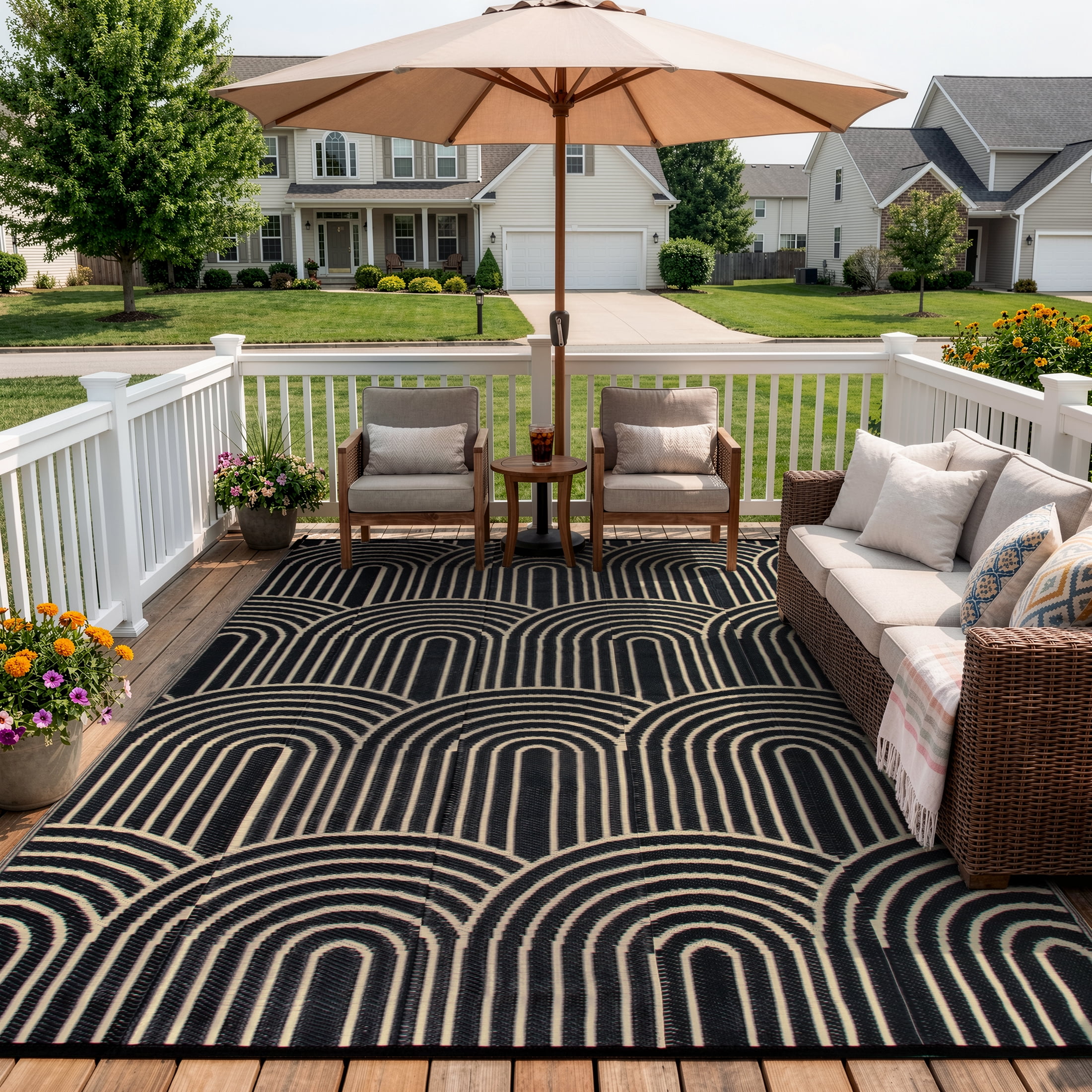 Wonnitar Large Outdoor Rugs Waterproof 8'x10' Reversible Plastic Straw Rug, Modern Rainbow Outside Carpet for RV Patio Deck Porch Balcony Picnic Camping Beach, Black&Brown-Rainbow