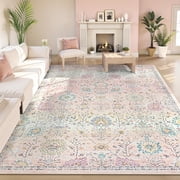 Wonnitar 8'x10' Pink Boho Area Rug, 8x10ft Rugs for Bedroom Girls Large Living Room Area Rugs Soft Floral Playroom Rug, Washable Rugs Non Slip Pastel Rug for Be