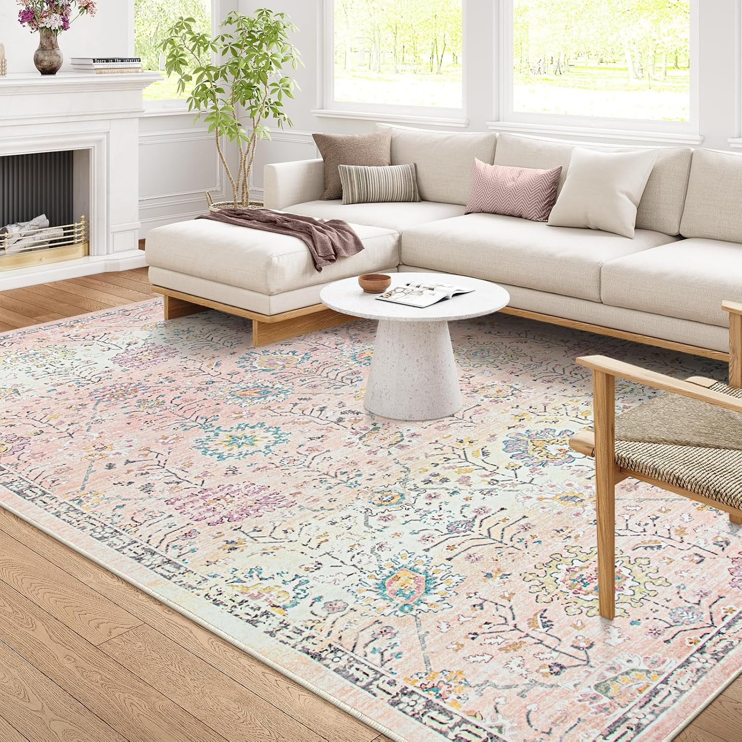Wonnitar 8'x10' Pink Boho Area Rug, 8x10ft Rugs for Bedroom Girls Large Living Room Area Rugs Soft Floral Playroom Rug, Washable Rugs Non Slip Pastel Rug for Bedroom Living Room Carpet