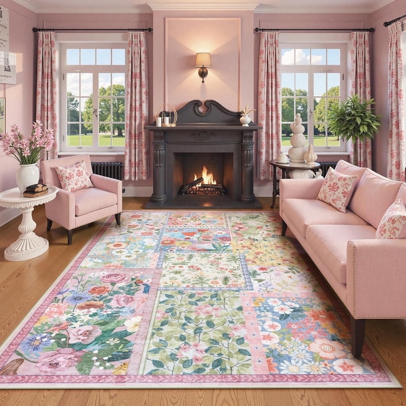 Wonnitar 8'x10' Pink Washable Area Rug - Soft Botanical Boho Carpet for Living Room, Non-Slip Ultra-Thin Rug for Bedroom Under Bed, Dining Room Home Office