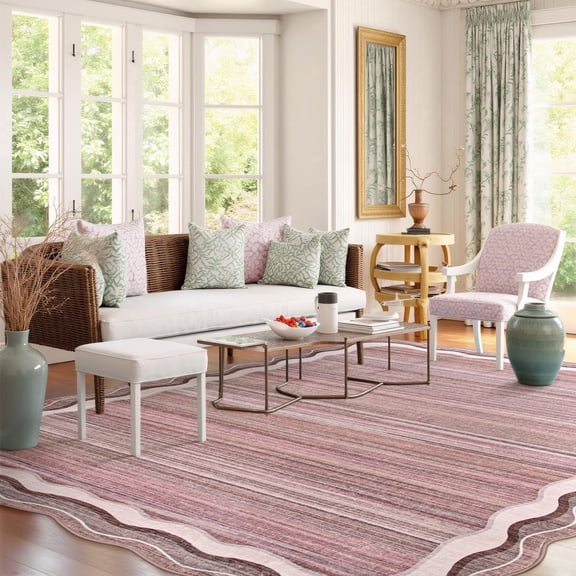Wonnitar 8'x10' Scalloped Large Area Rug for Living Room, Washable Striped Bedroom Rug, Beige Wavy Modern Rug for Dining Room, Home Office, Non Slip Soft Low Pile Stain Resistant