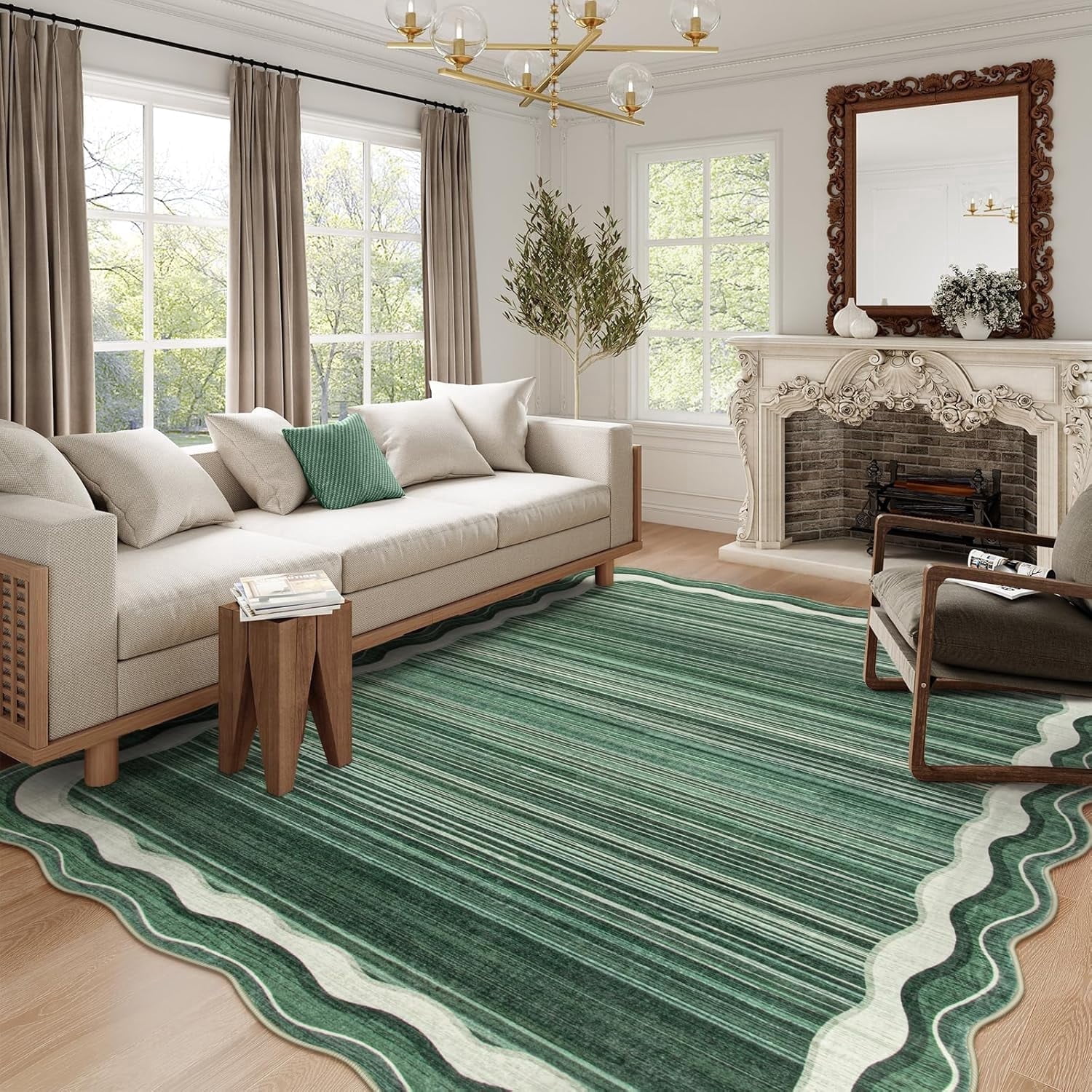 Wonnitar 8'x10' Scalloped Large Area Rug for Living Room, Washable Striped Bedroom Rug, Green Wavy Modern Rug for Dining Room, Home Office, Non Slip Soft Low Pile Stain Resistant