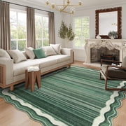 Wonnitar 8'x10' Scalloped Large Area Rug for Living Room, Washable Striped Bedroom Rug, Green Wavy Modern Rug for Dining Room, Home Office, Non Slip Soft Low Pi