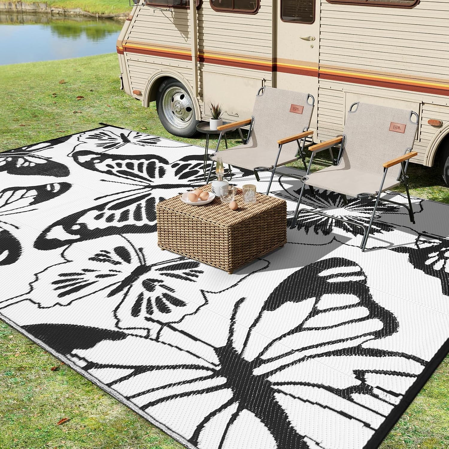 Wonnitar 8x10 Butterfly Outdoor Rug Waterproof, Large Washable Rugs for Outside, Plastic Foldable Black&White Indoor Outdoor Carpet for Patio Balcony