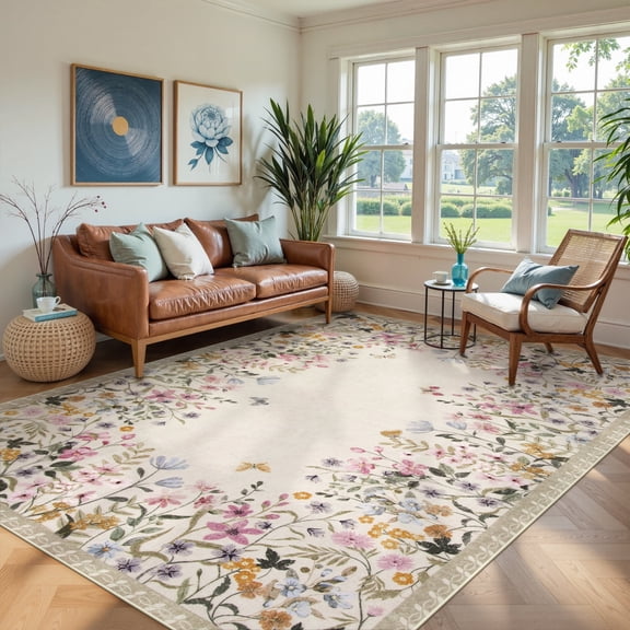 Wonnitar 8'x10' Floral Large Area Rugs for Living Room, Ultra Soft Washable Bedroom Rug Non Slip Beige Vintage Accent Carpet for Dining Room Sunroom Home Office