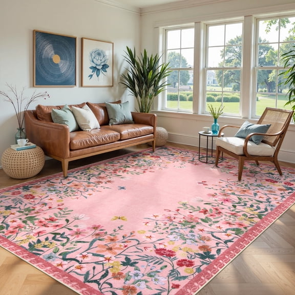 Wonnitar 8'x10' Floral Large Area Rugs for Living Room, Ultra Soft Washable Bedroom Rug Non Slip Pink Vintage Accent Carpet for Dressing Room Home Office Room Sunroom Vanity Area, Soft Non Slip