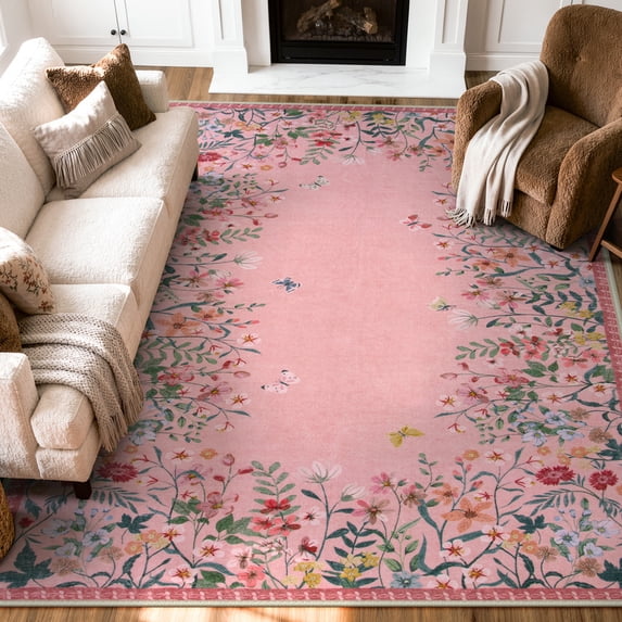 Wonnitar 8x10 Floral Living Room Rug,Washable Pink Rugs for Girls Bedroom, Soft Low Pile Area Rug, Non-Slip Throw Carpet for Nursery Playroom
