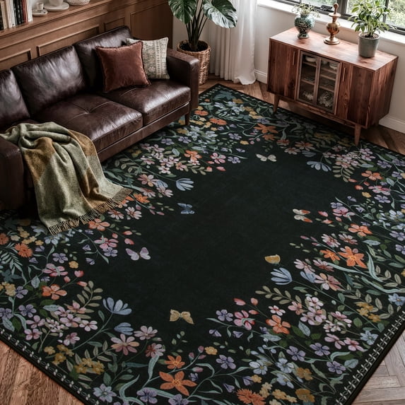 Wonnitar 8x10 Floral Washable Rug, Black Rugs for Living Room, Soft Low Pile Bedroom Area Rug, Non-Slip Throw Carpet for Dorm Office