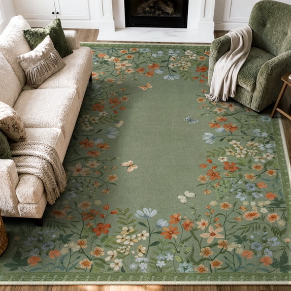 Wonnitar 8x10 Floral Washable Rug, Green Rugs for Living Room, Soft Low Pile Bedroom Area Rug, Non-Slip Throw Carpet for Nursery Playroom