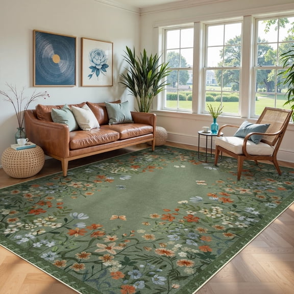 Wonnitar 8'x10' Floral Large Area Rugs for Living Room, Ultra Soft Washable Bedroom Rug Non Slip Green Vintage Accent Carpet for Dining Room Sunroom Home Office
