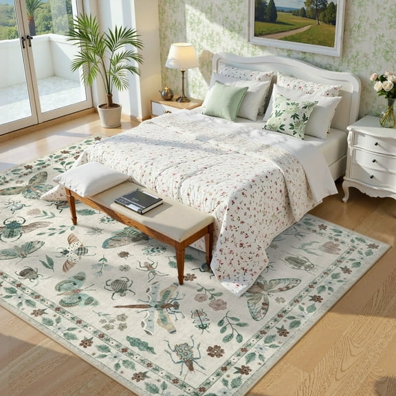 Wonnitar 8x10 Insect Living Room Area Rug, Large Washable Modern Bedroom Rug, Non-Slip Ultra Thin Khaki Carpet for Office Classroom