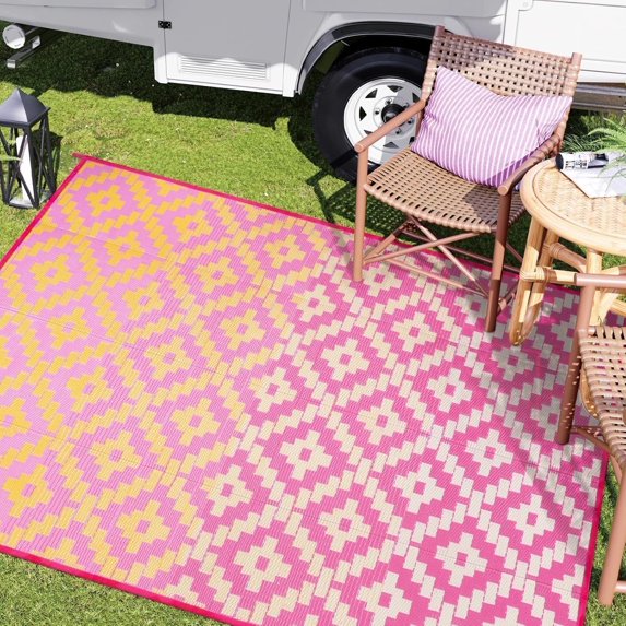 Wonnitar 8x10 Outdoor Rug Waterproof, Plastic Straw Portable Rugs for Outside, Large Reversible RV Outdoor Carpet,Modern Orange Pink Carpets for Picnic Garden Patio