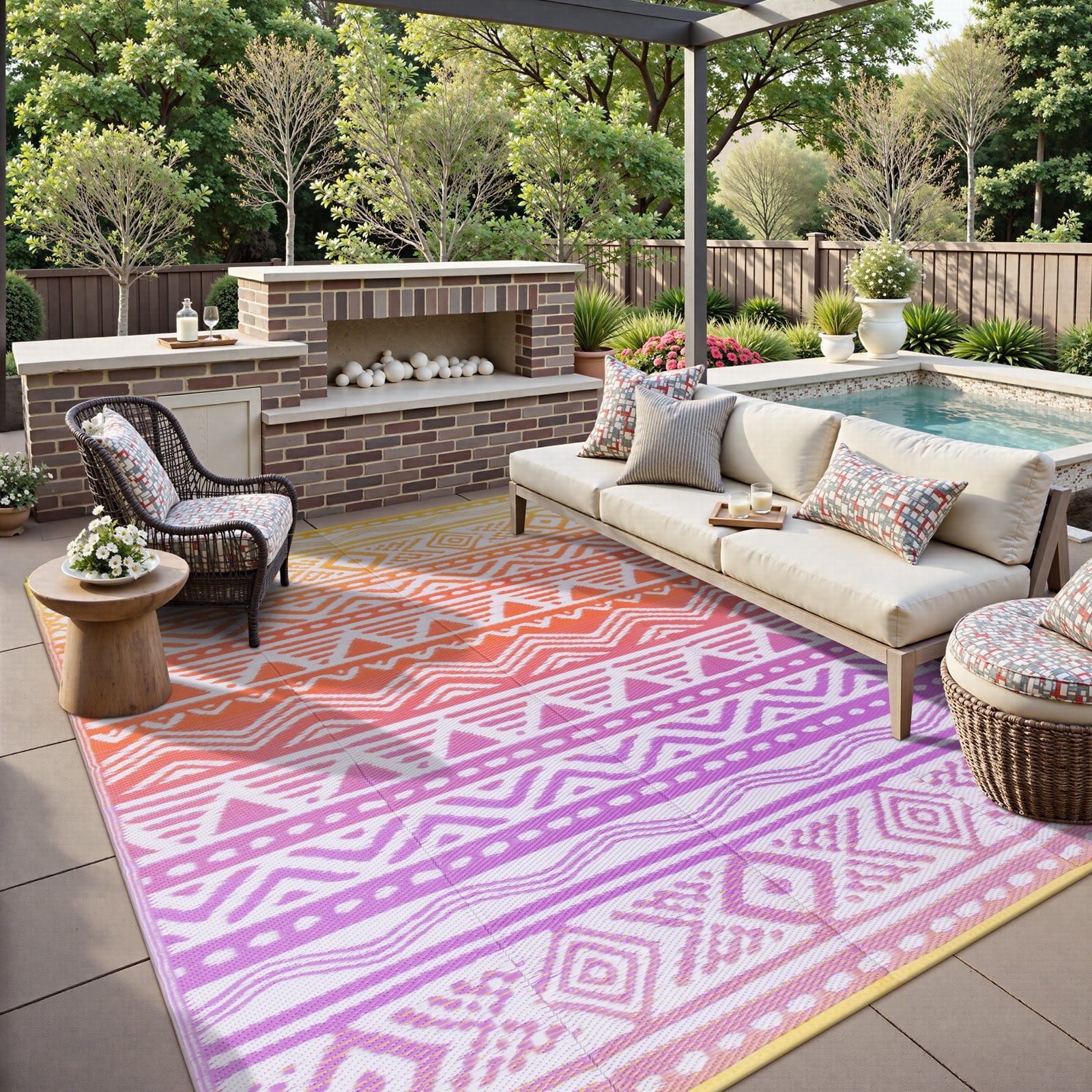 Wonnitar 8x10 Waterproof Outdoor Rugs, Plastic Straw Portable Rug for Outside, Reversible RV Outdoor Rugs for Camping, Boho Orange Purple Carpet for Patio Garden