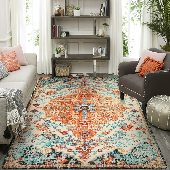 Wonnitar 9'x12' Area Rug for Living Room Boho Large Washable Rug for Bedroom Aesthetic Vintage Soft Non-Slip Non-Shedding Printed Indoor Carpet for Dining Room Nursery Kids Playroom, Orange