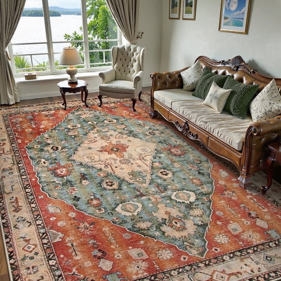 Wonnitar 9'x12' Area Rug for Living Room Large Boho Tribal Area Rug for Bed Room Machine Washable Mat Indoor No Slip Vintage Carpet for Dining Family Room Foyer Apartment Den,Rust